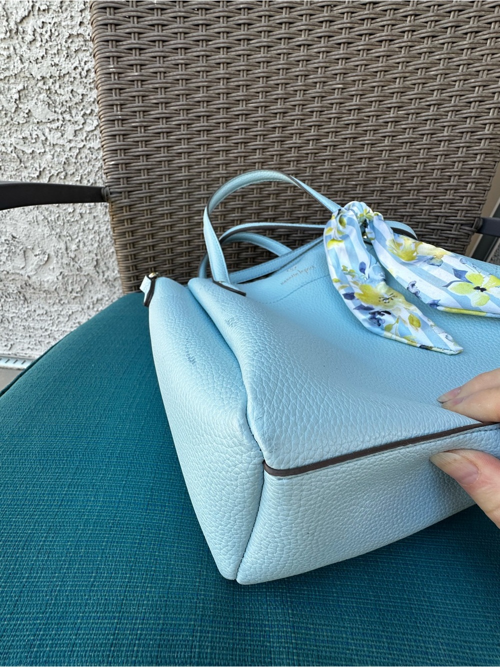 Nanette Lepore Light Blue Pebbled Leather Satchel with Floral Scarf 12X9” Pretty - Picture 11 of 16